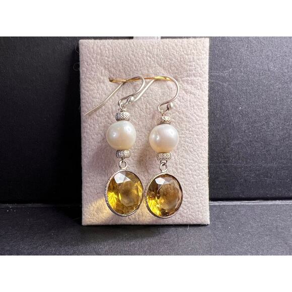 Citrine and pearl sterling silver dangle earrings - Picture 12 of 16